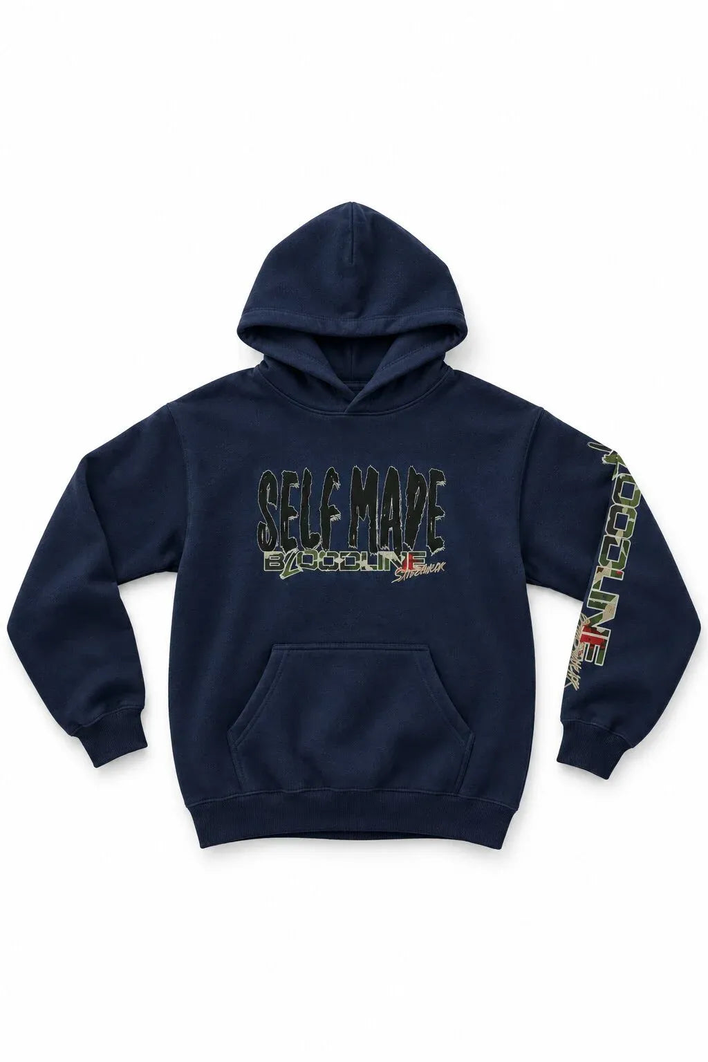 A navy blue pullover hoodie with a graphic on the chest reading 'SELF MADE' in a camouflage pattern, featuring a matching vertical graphic down the right sleeve.